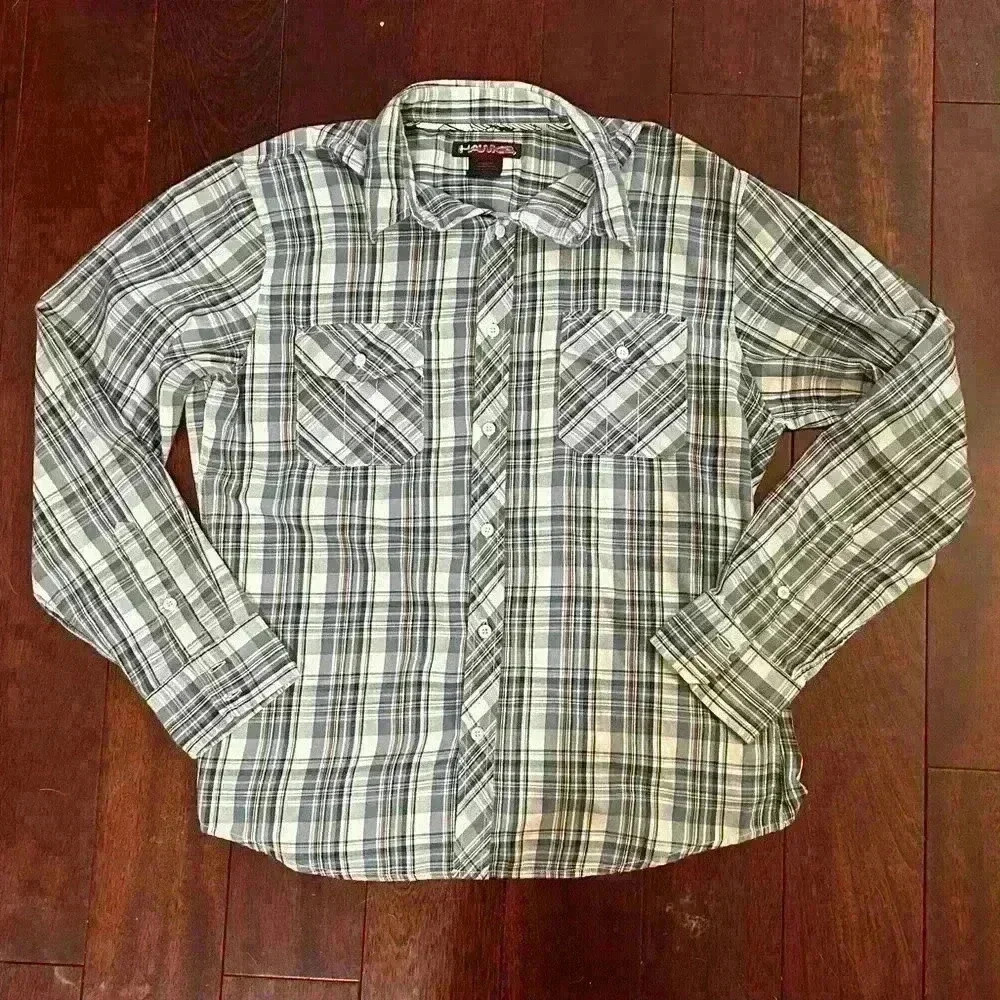 TONY HAWK Men's Shirt Button Up Long Sleeve Brown/Blue Plaid Size L